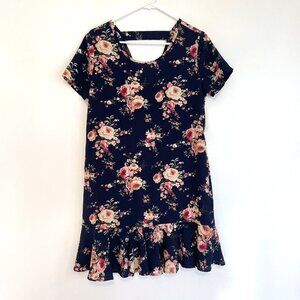 NEW NWT BLUE RAIN FRANCESCA'S Navy Blue Pink Cream Floral Ruffle Shift Dress M